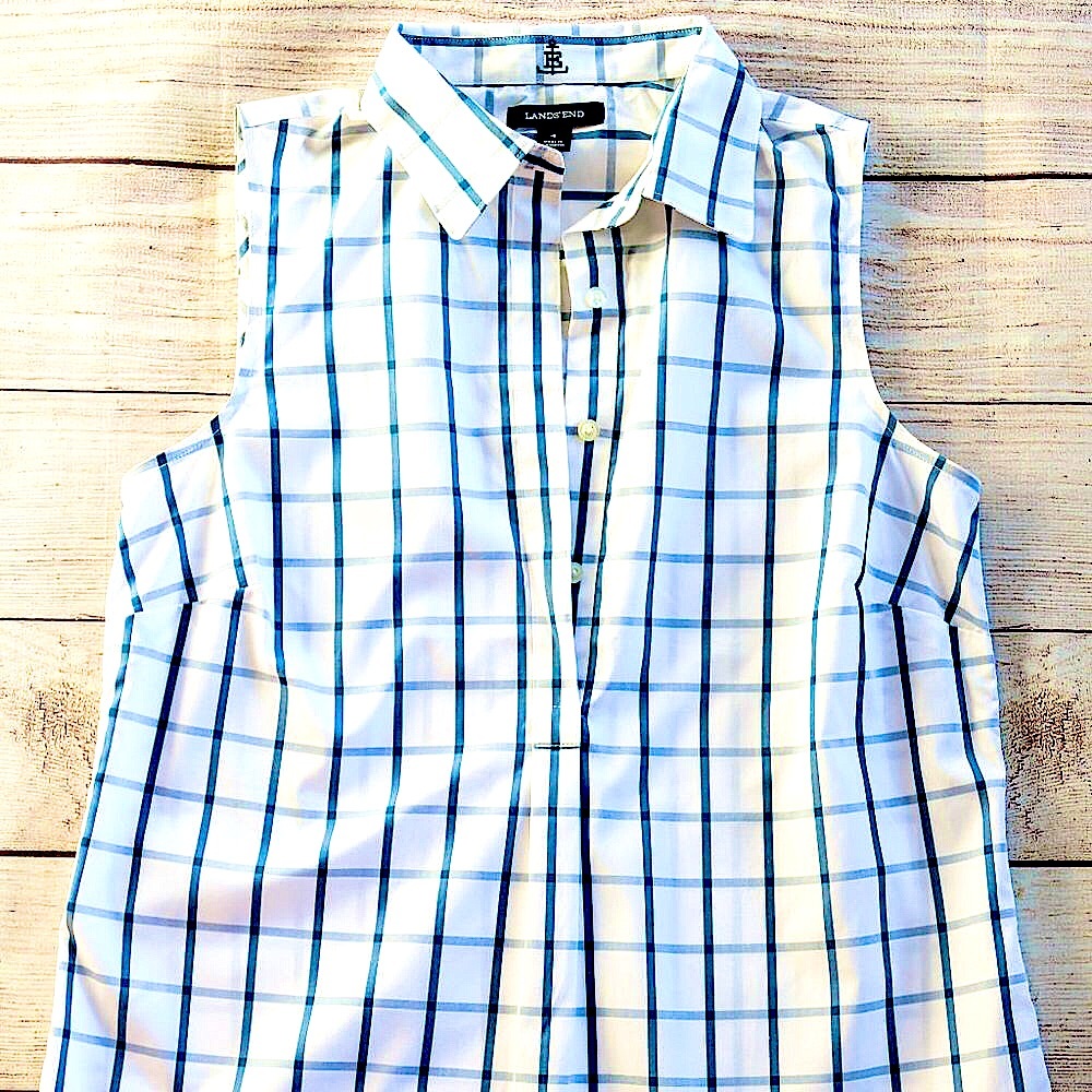 Lands' End Collared Blue Plaid Sleeveless Shirt